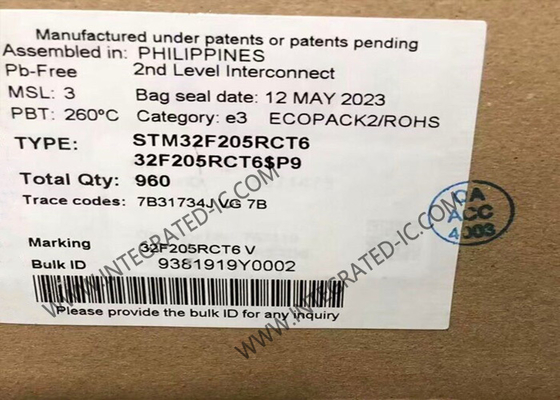 ICs चिप STM32F205RCT6 ARM माइक्रोकंट्रोलर्स - MCU 32BIT ARM Cortex M3 कनेक्टिविटी 256kB