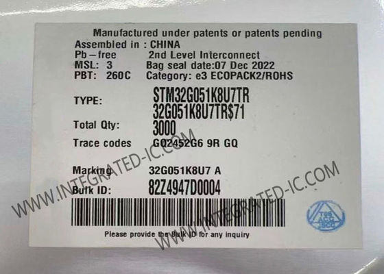 STM32G051K8U7TR माइक्रो कंट्रोलर MCU 32-बिट 64MHz ARM Cortex-M0+ जिसमें 30 I/O और 1.7V ~ 3.6V आपूर्ति है