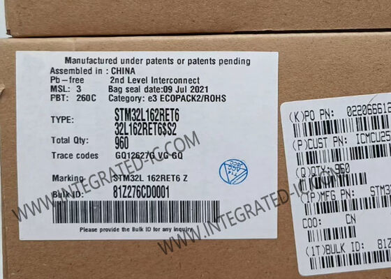 STM32L162RET6 माइक्रोकंट्रोलर MCU 32MHz ARM कॉर्टेक्स-M3, 512KB फ्लैश मेमोरी और 51 I/O पिन के साथ
